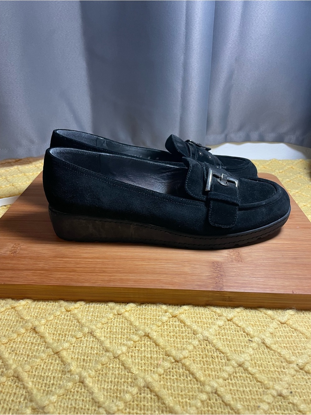 Stuart Weitzman Black Suede Loafers with Silver Buckle - Picture 5 of 10